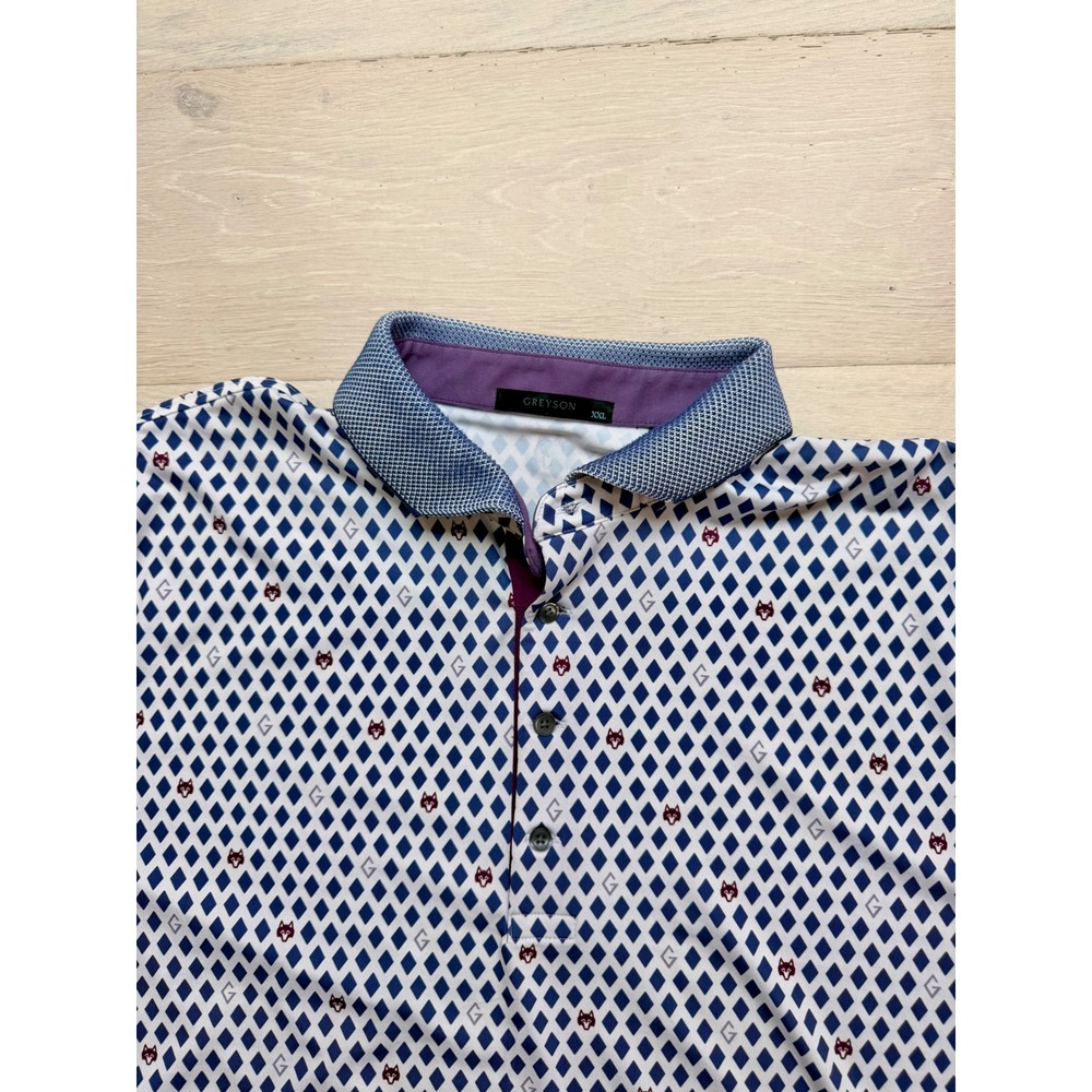 Greyson Clothiers Mens XXL Blue White Diamond Wolf Print Golf Polo Shirt Texans